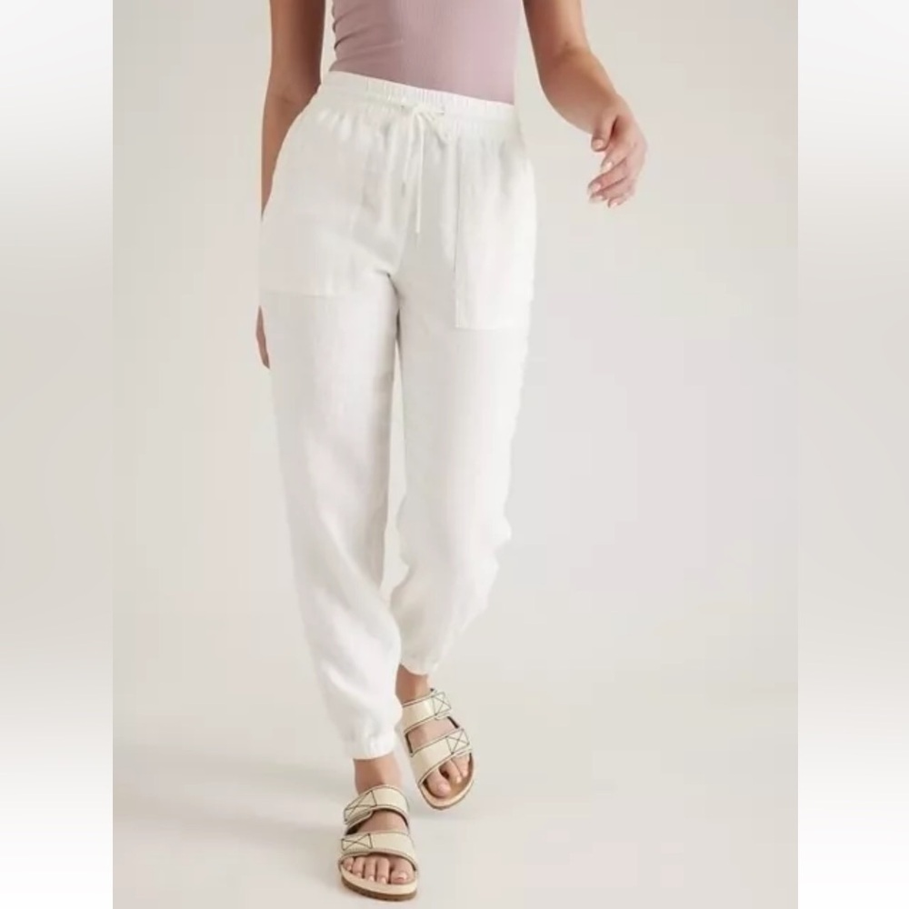 Athleta Retreat Linen Jogger Pants Calla Lily White Casual Athleisure Women’s 0